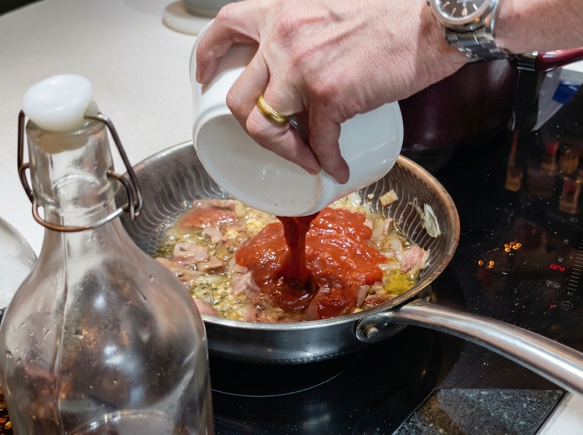 Eine kräftig rote Tomatensauce wird aus einer weißen Keramikschale in die Pfanne zu Speck und Zwiebeln gegossen.