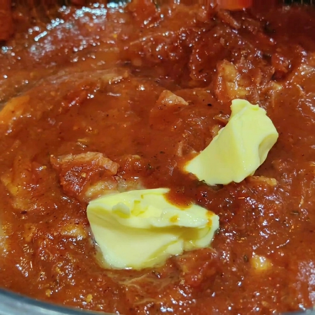 Einige Stücke gelbe Butter schmelzen in der köchelnden, roten Tomaten-Speck-Sauce.
