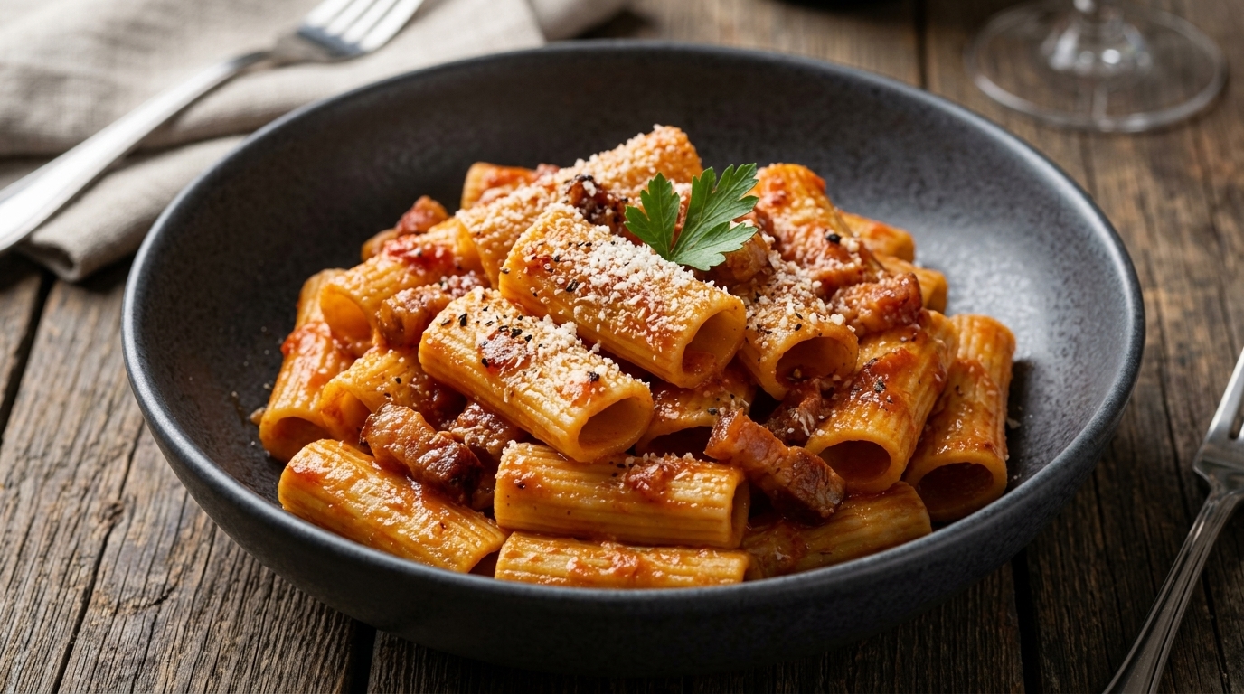 Eine dampfende Portion Rigatoni Amatriciana, perfekt umhüllt von einer kräftigen Tomaten-Speck-Sauce