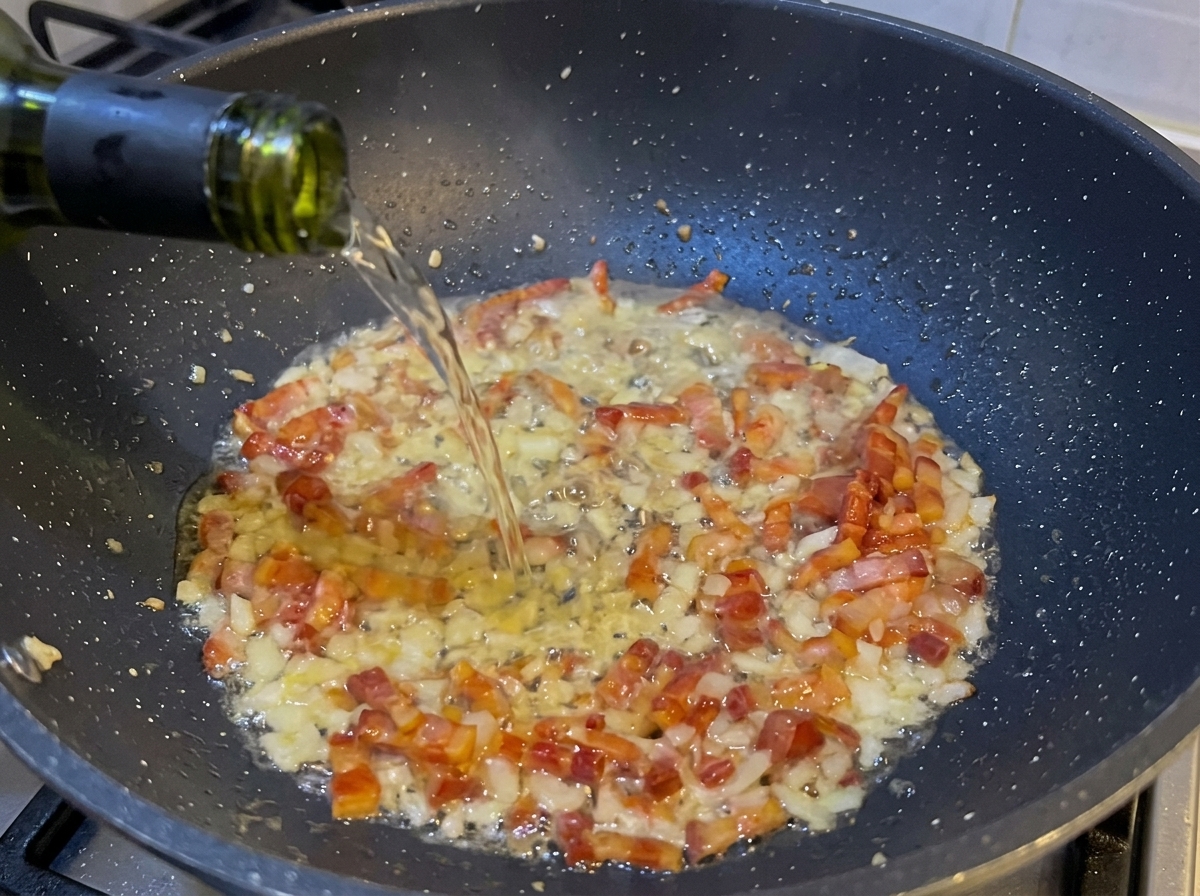 Weißwein wird aus einer Flasche in eine Pfanne mit knuspriger Pancetta und Zwiebeln gegossen, wobei Dampf aufsteigt.