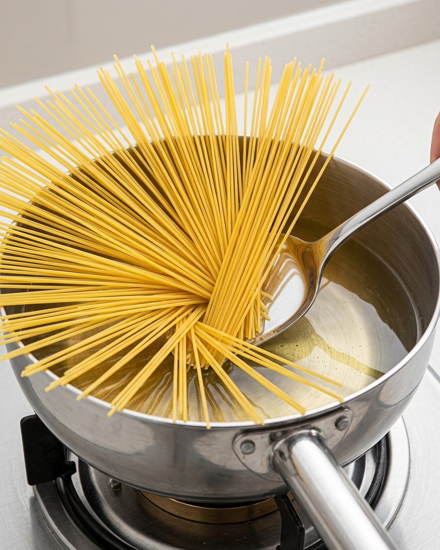 Ein Bündel rohe Spaghetti fächert sich auf, während es in einen Edelstahltopf mit kochendem Wasser gegeben wird.