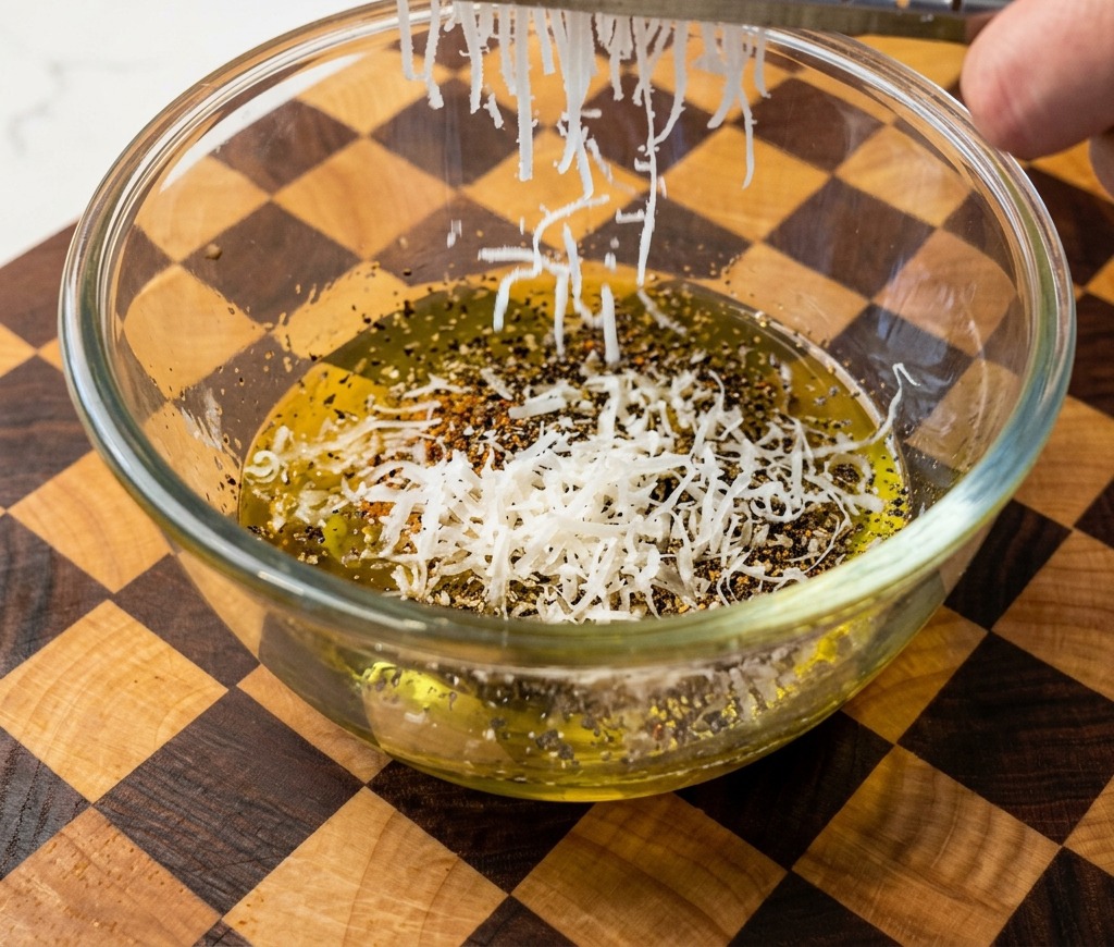 Fein geriebener Pecorino Romano fällt von einer Metallreibe in eine Schüssel mit gewürzten Eiern.