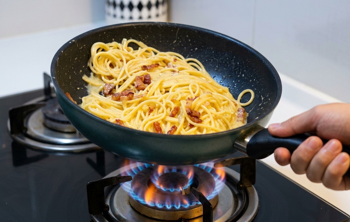 Eine Bratpfanne mit Spaghetti und knuspriger Pancetta wird über einer blauen Gasflamme geschwenkt.