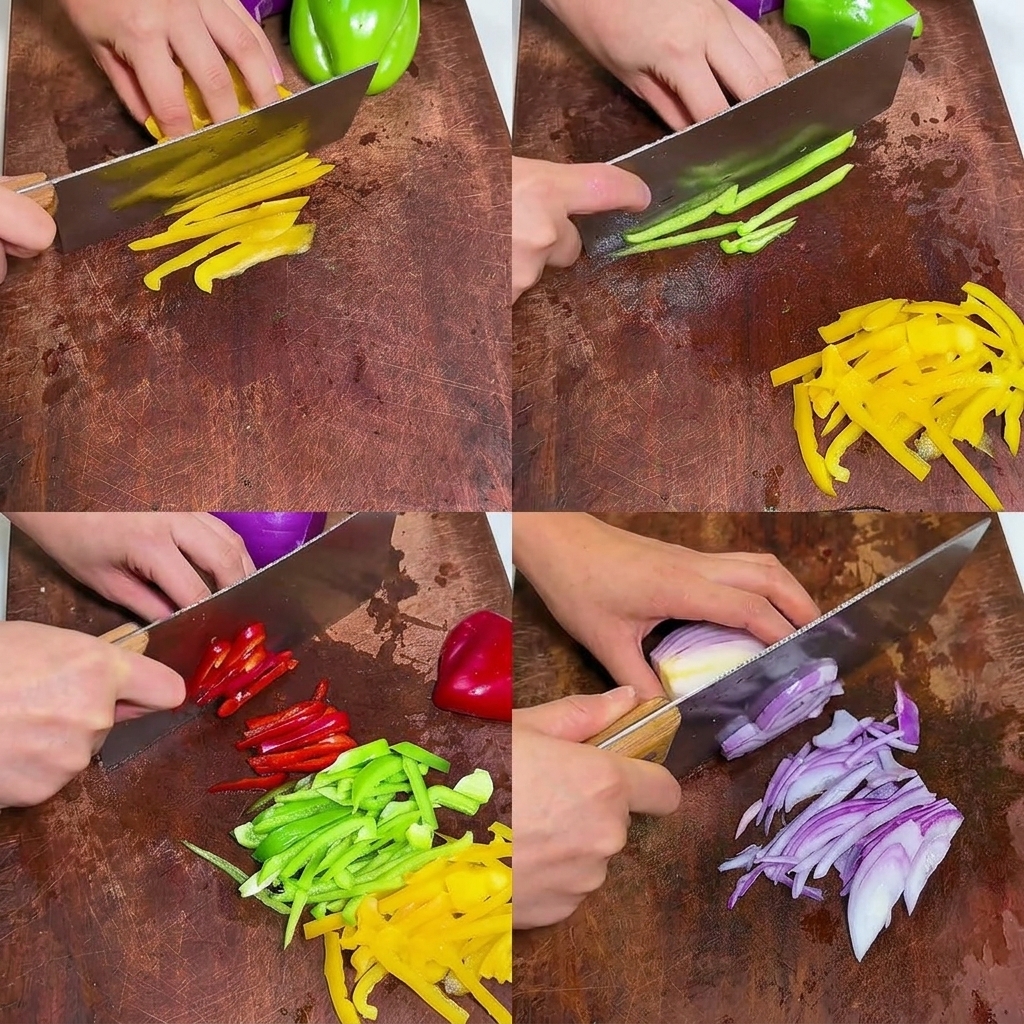 Eine vierteilige Collage zeigt das Schneiden von gelber, grüner und roter Paprika sowie einer roten Zwiebel in feine Streifen auf einem Holzbrett.