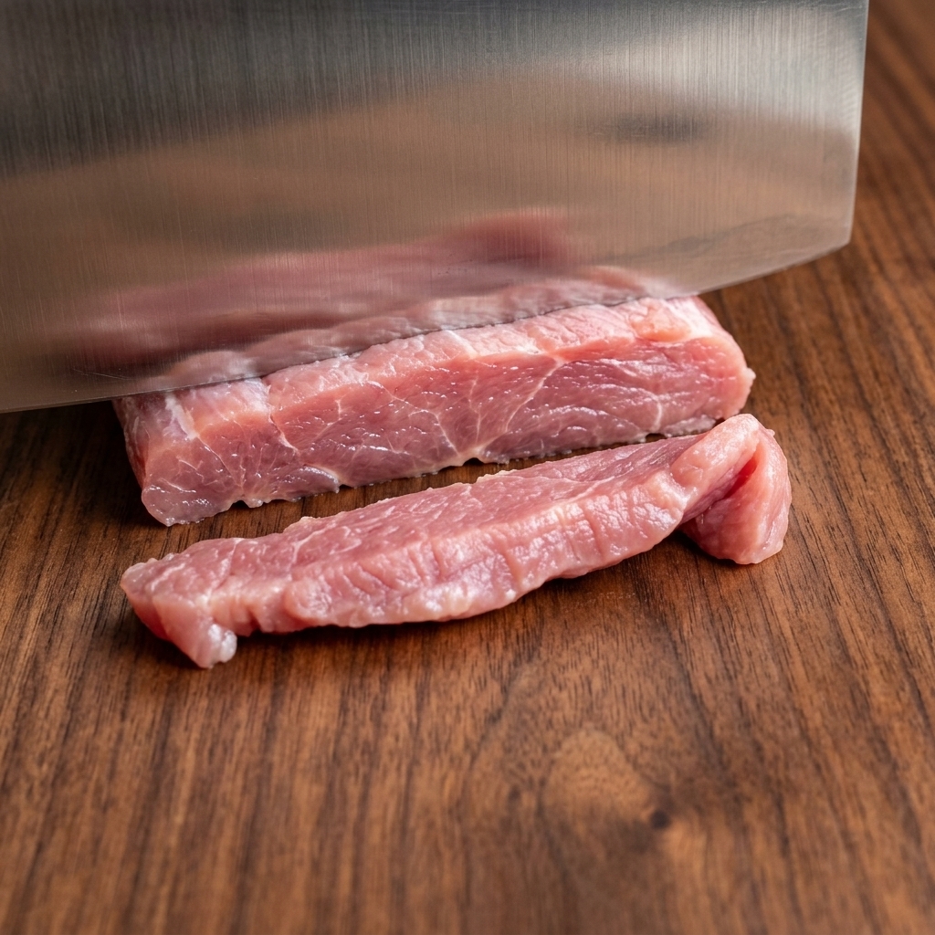 Nahaufnahme eines Fleischmessers, das rohes, rosa Schweinefilet auf einem Holzbrett quer zur Faser in dünne Streifen schneidet.