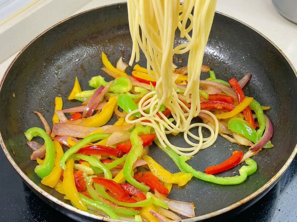 Gekochte Spaghetti werden in die Pfanne zu den gebratenen Paprika- und Zwiebelstreifen gegeben.