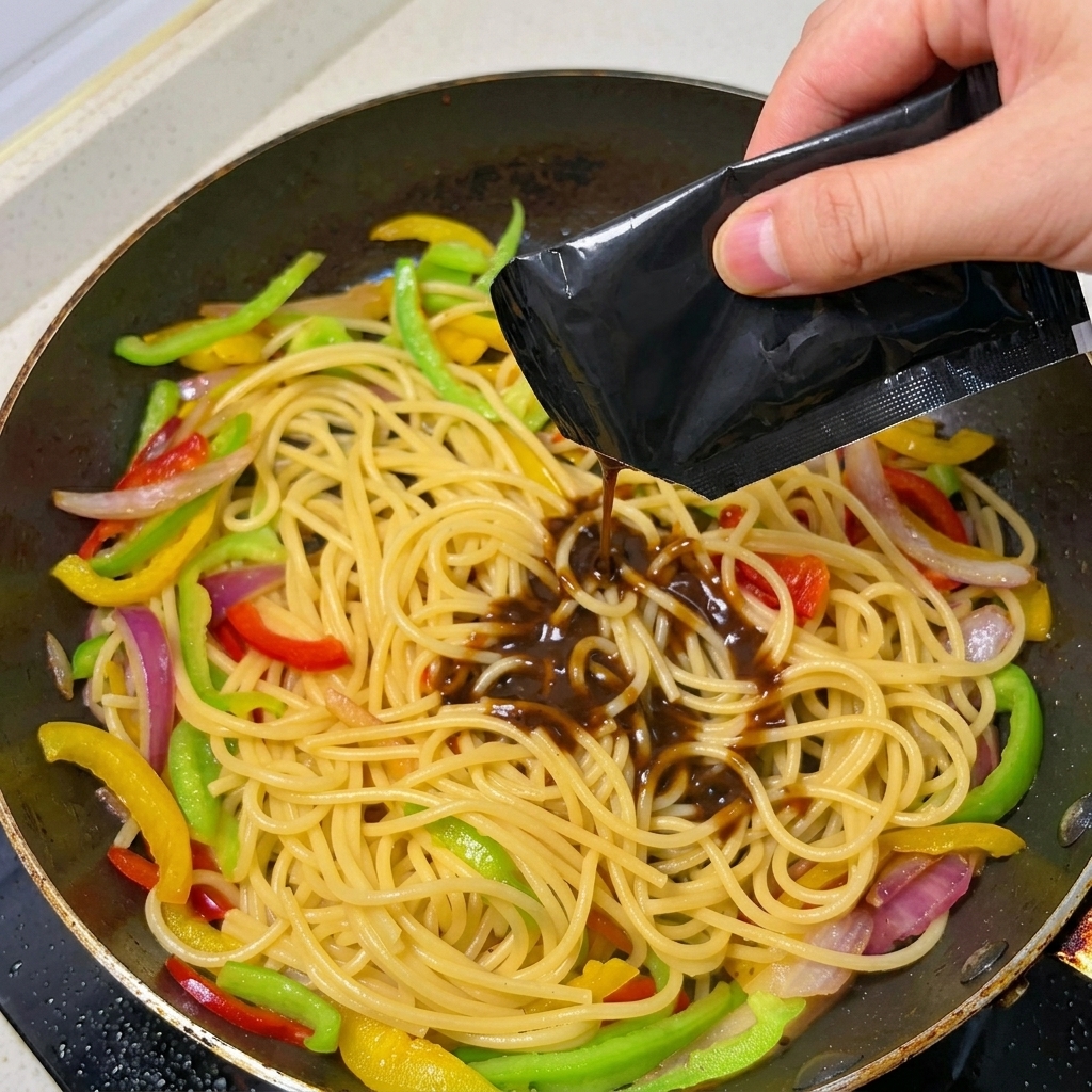 Eine Hand gießt dunkle asiatische Pfeffersauce über die Spaghetti und das bunte Gemüse in der heißen Pfanne.