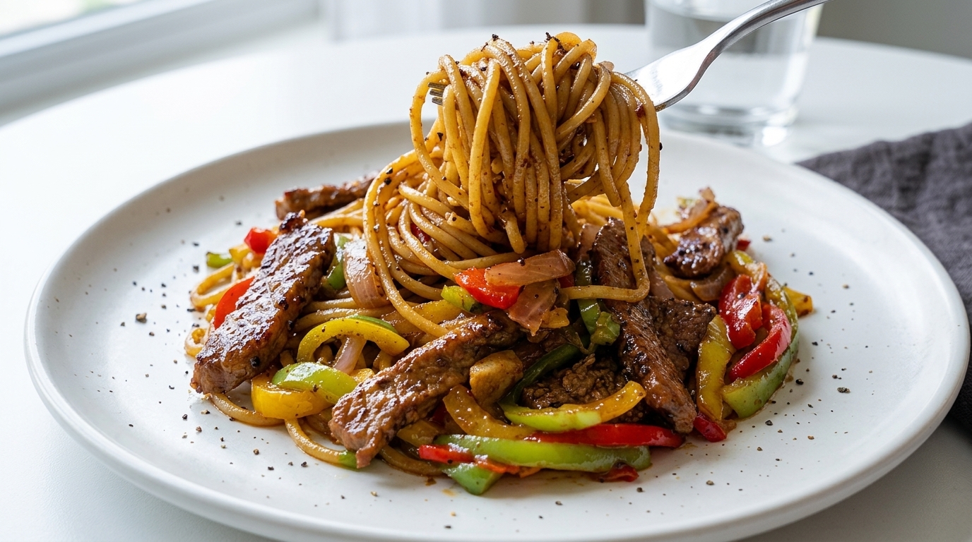 Pasta mit Schweinefilet und schwarzem Pfeffer