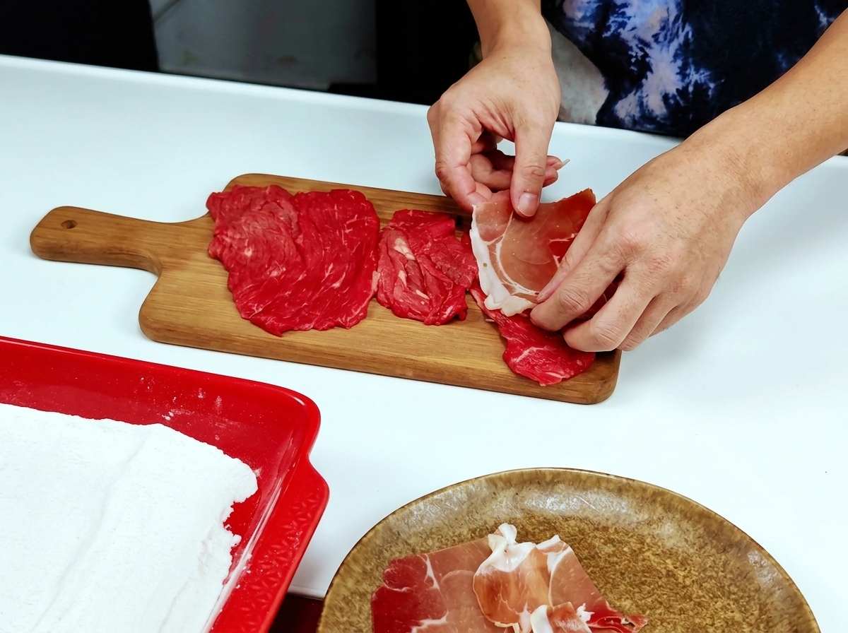Hände, die dünne, rosa Scheiben Prosciutto-Schinken auf rohe Kalbsschnitzel auf einem Holzbrett legen.