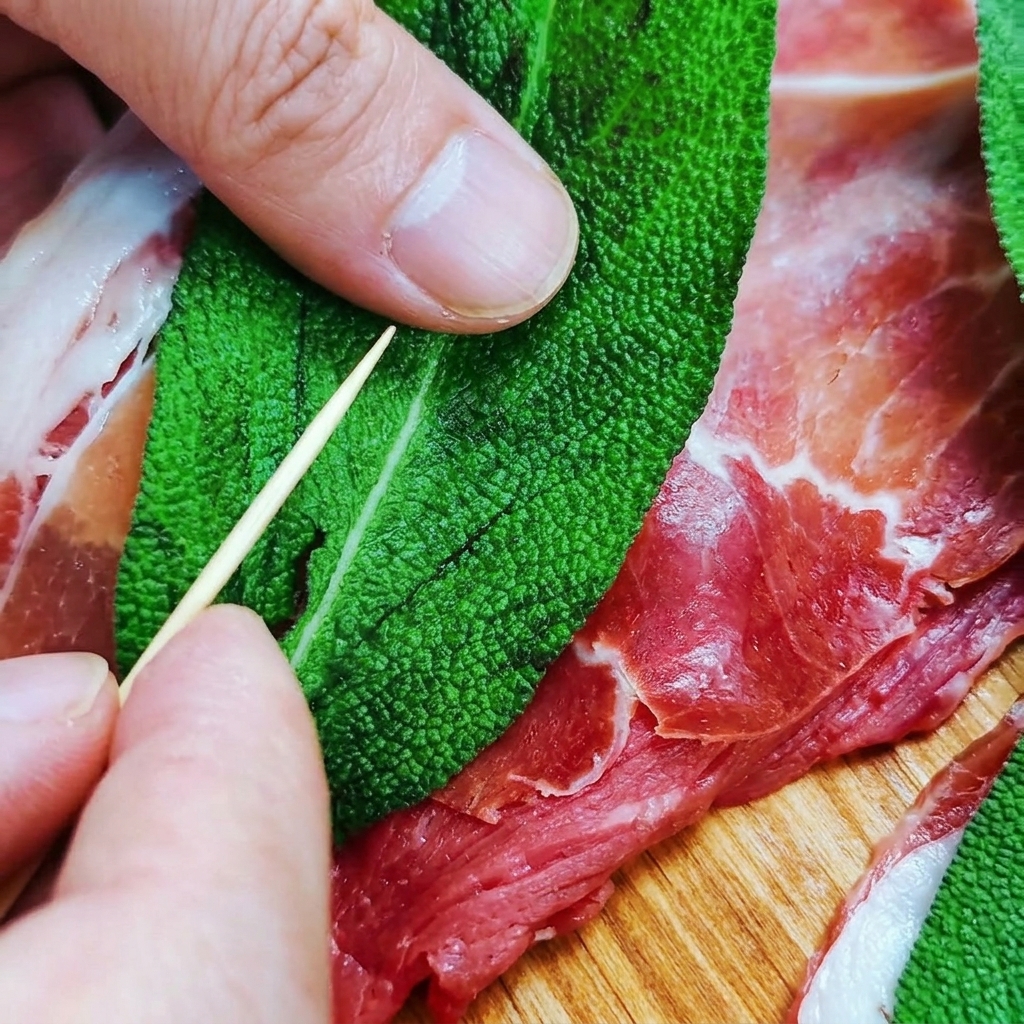 Nahaufnahme eines Holzzahnstochers, der durch ein grünes Salbeiblatt und rosa Prosciutto in das rote Kalbfleisch gesteckt wird.