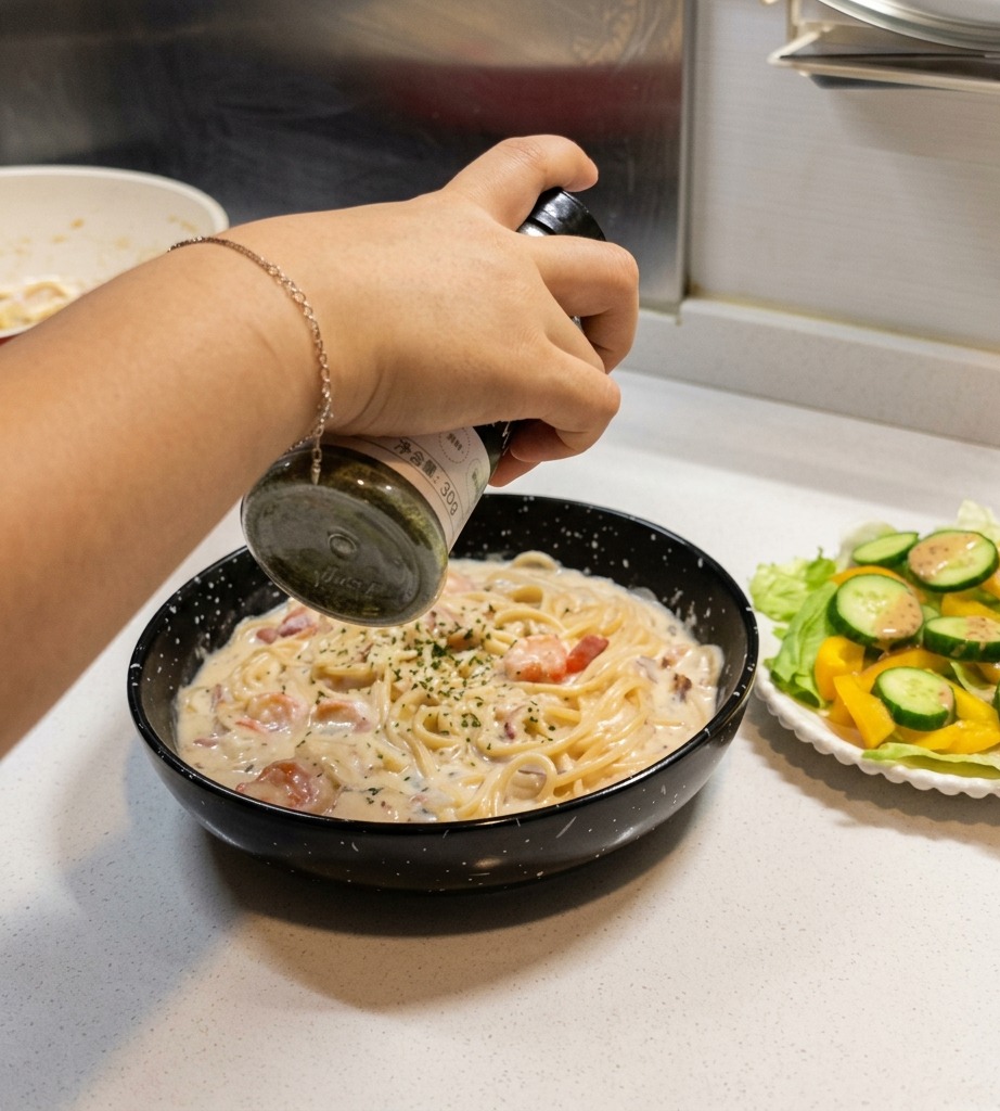 Eine Hand schüttelt eine Gewürzdose, um grüne getrocknete Petersilie über eine fertige Schale mit cremiger Pastasauce zu streuen.