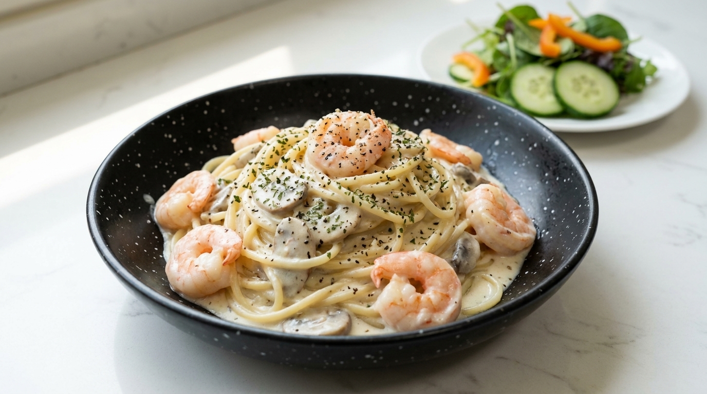 Fettarme Pasta mit Garnelen in weißer Sauce
