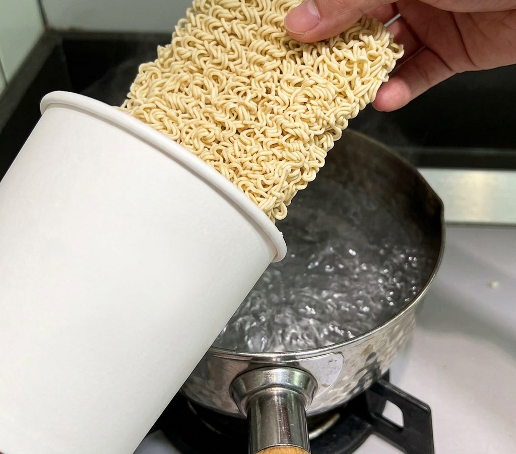 Ein Block getrockneter, gewellter Instant-Nudeln wird in einen Edelstahltopf mit kochendem Wasser gegeben