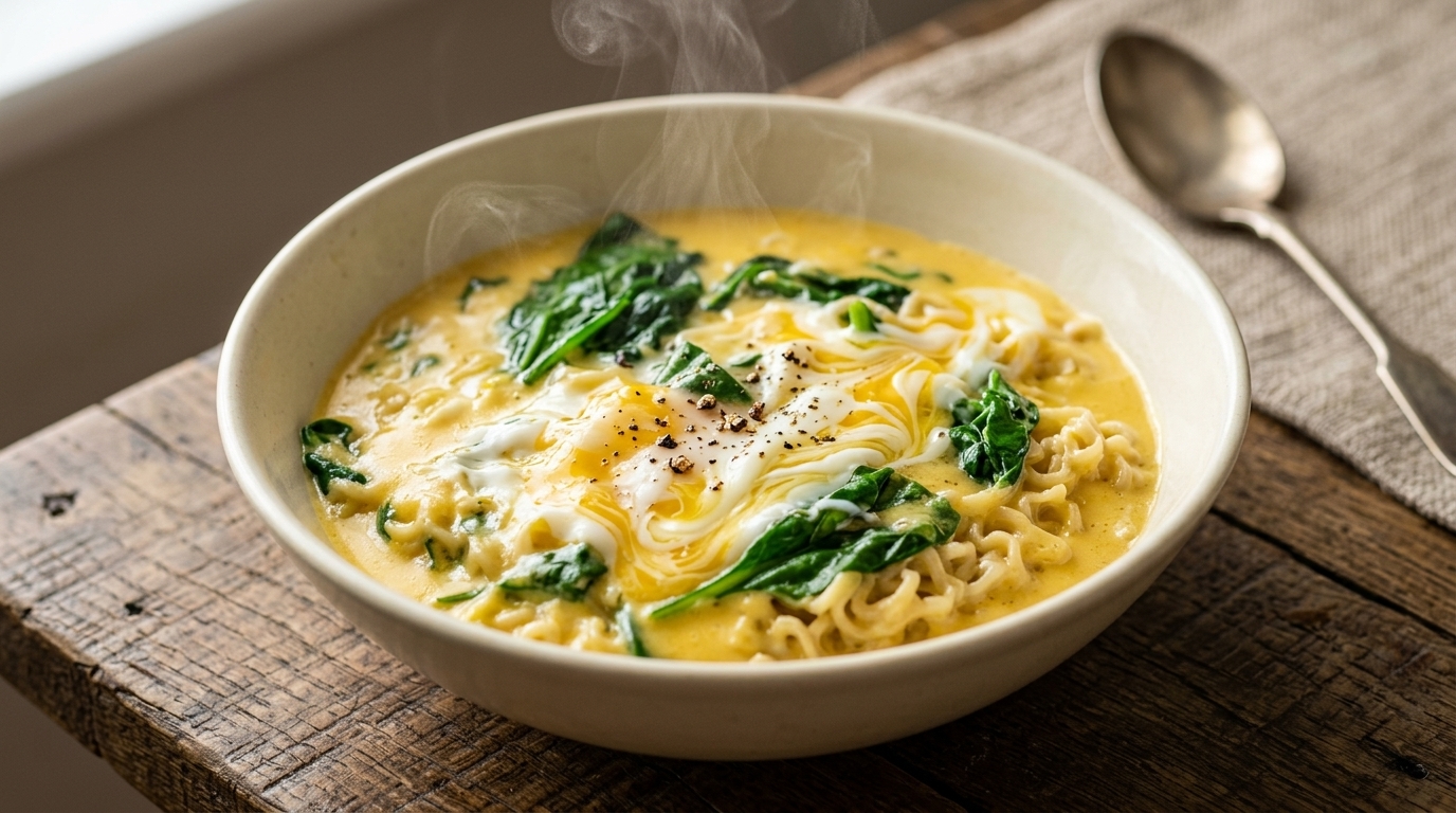 Eine dampfende Schüssel cremige Käse-Ramen, garniert mit frischem Spinat, einem pochierten Ei und frisch gemahlenem schwarzen Pfeffer.