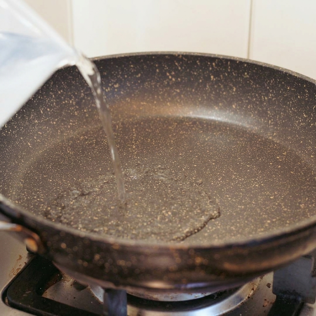 Wasser wird aus einem Krug in eine dunkle, beschichtete Pfanne auf einem Gasherd gegossen.