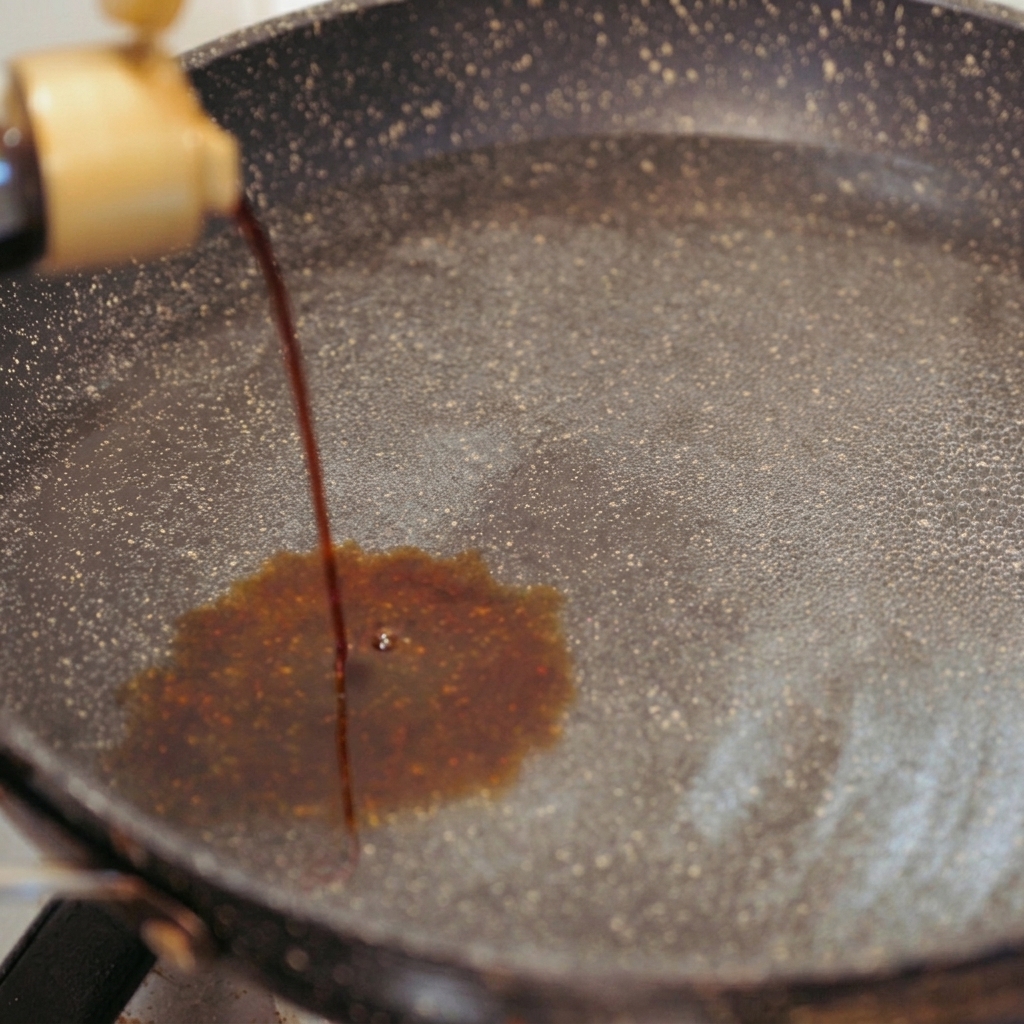 Dunkelbraune Sojasauce wird aus einer Flasche mit goldenem Deckel in die Pfanne gegossen und bildet dunkle Schlieren im Wasser.