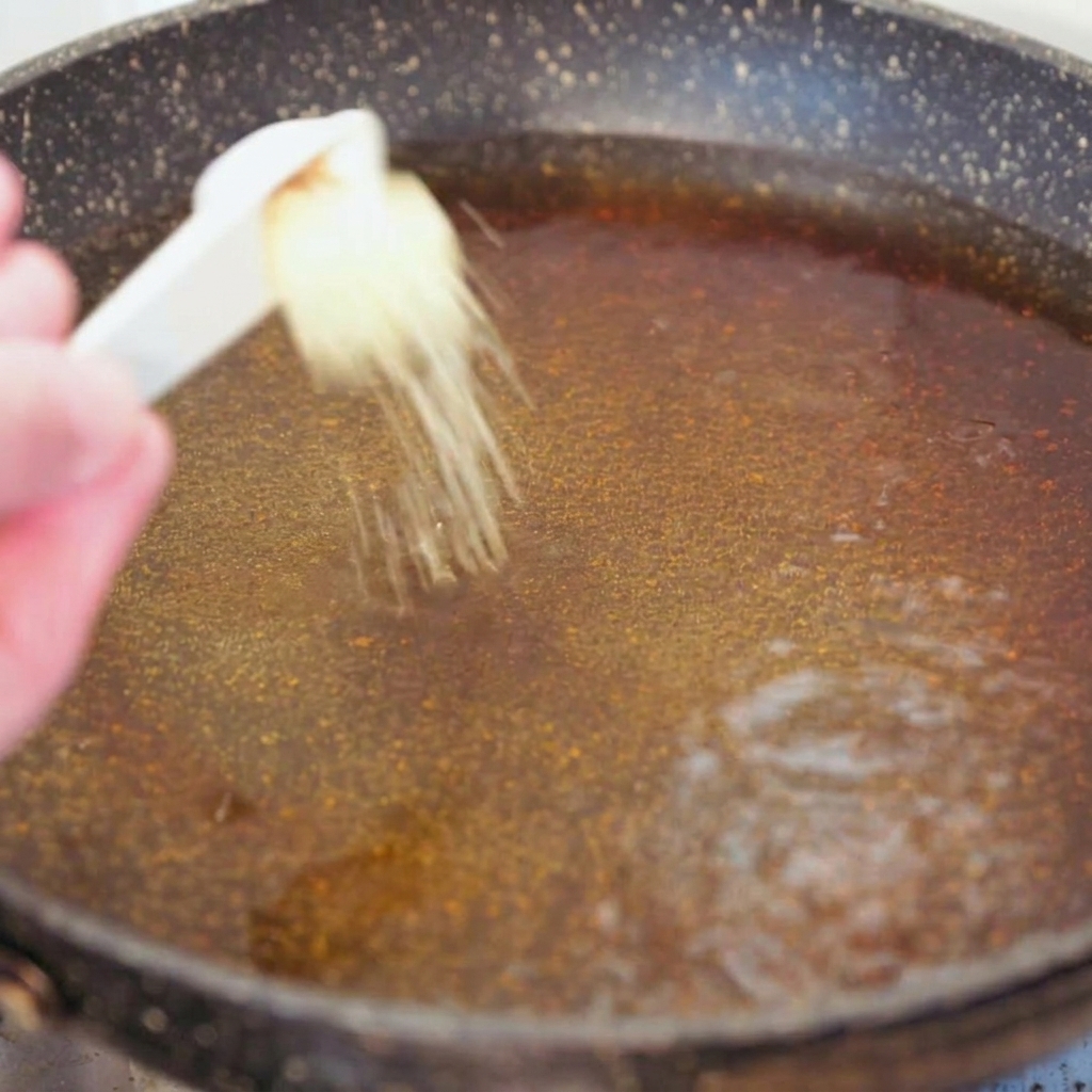Eine Hand gibt ungekochte Vollkorn-Spaghetti und eine kleine Menge Hühnerbrühe-Pulver in das köchelnde, gewürzte Wasser.
