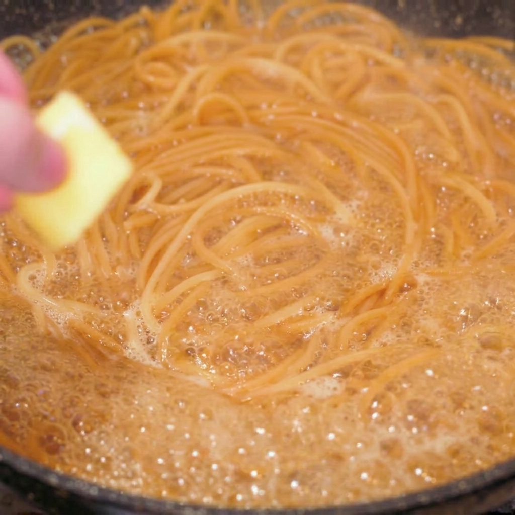 Nahaufnahme von gekochten Vollkorn-Spaghetti in einer Pfanne, in deren Mitte eine Hand ein Stück gelbe Butter fallen lässt.