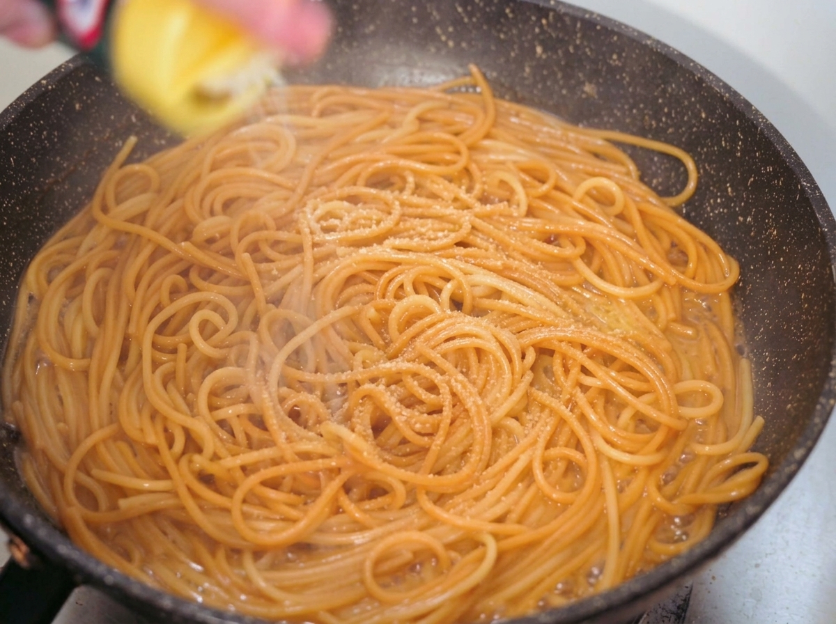 Gelbes Käsepulver wird aus einem Streuer auf die gekochten Spaghetti in einer dunklen Pfanne gestreut.