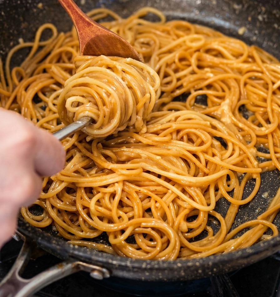 Nahaufnahme, wie ein Holzlöffel und eine Metallgabel verwendet werden, um eine Portion glänzende, käsebeschichtete Spaghetti in der Pfanne aufzudrehen.