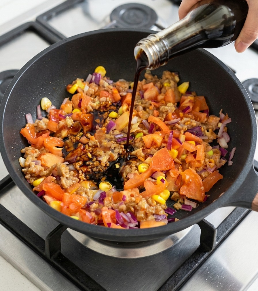 Dunkle, würzige Sauce wird aus einer Glasflasche in eine köchelnde Pfanne mit Rindfleisch, Mais und Tomaten gegossen.