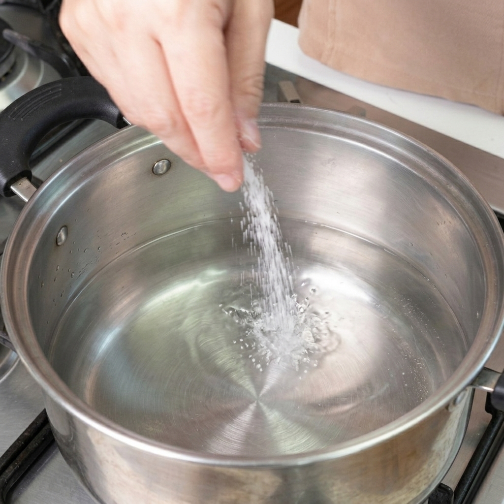 Eine Hand streut eine Handvoll weißes Salz in einen Edelstahltopf mit sprudelnd kochendem Wasser.