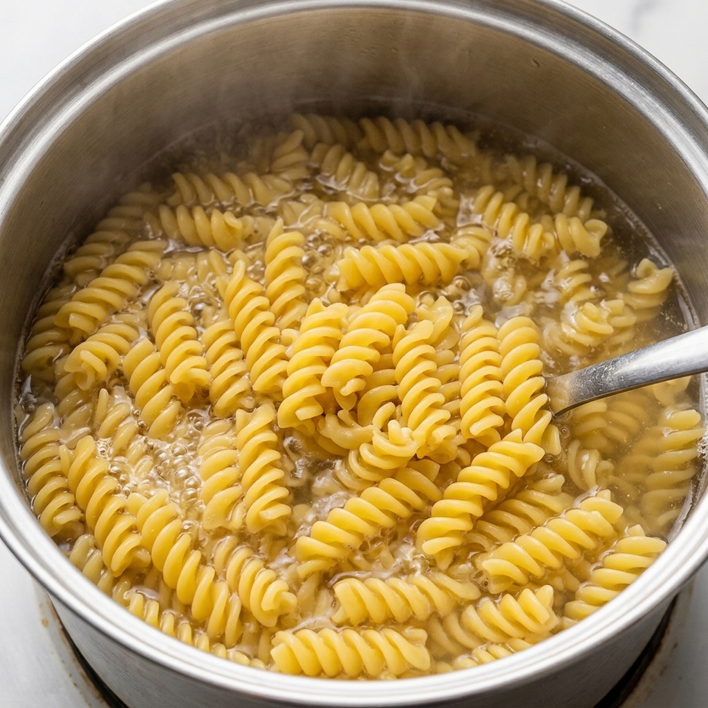 Ein Schaumlöffel aus Metall hebt gekochte, zarte Fusilli aus einem Topf mit brodelndem heißem Wasser.