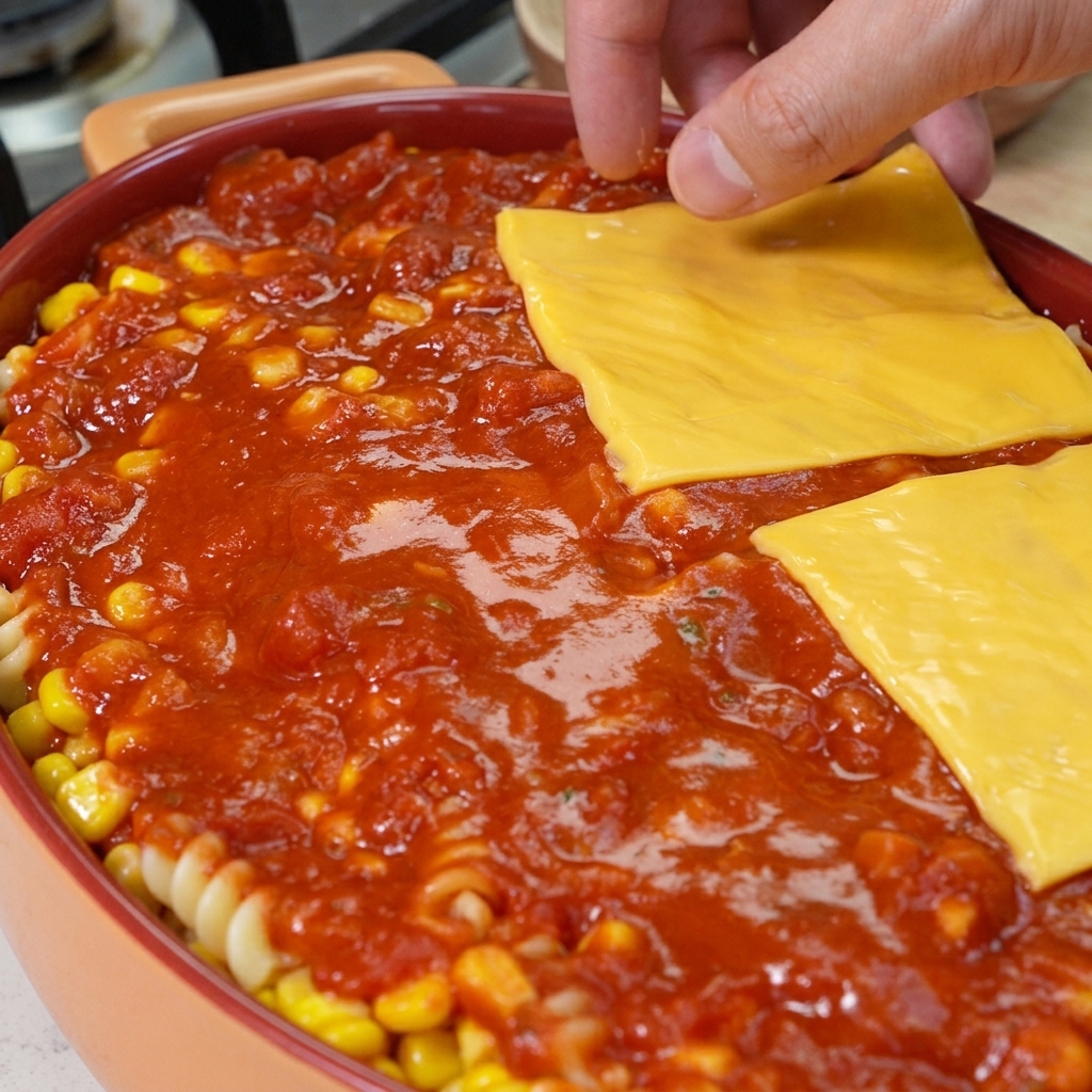 Eine Hand legt quadratische Scheiben gelben Cheddar-Käses auf die reichhaltige rote Saucenschicht in einer Auflaufform.
