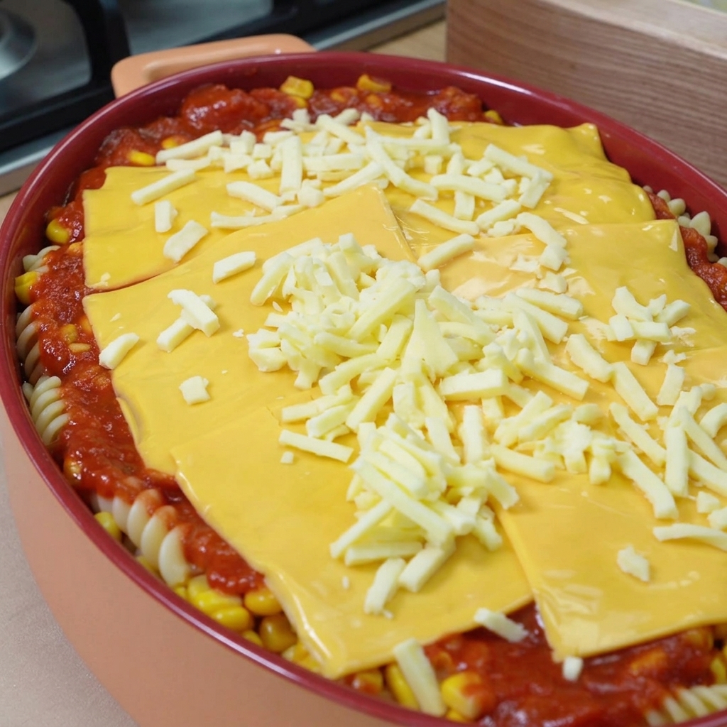 Eine mit Nudeln und Sauce gefüllte Auflaufform, belegt mit gelben Cheddar-Scheiben und einer dicken Schicht aus geriebenem weißem Mozzarella.