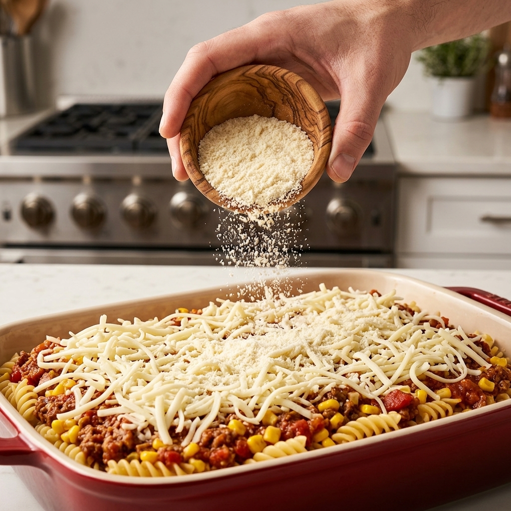 Eine Hand streut feines Parmesan-Käsepulver aus einer kleinen Holzschale über die geriebene Mozzarellaschicht in der Auflaufform.