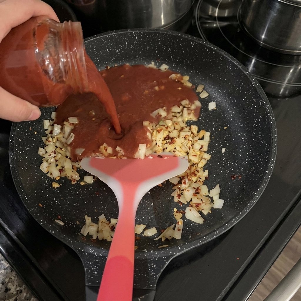 Eine Hand gießt rote Tomatensoße aus einem Glas in eine Pfanne mit gedünsteten Zwiebeln und Chiliflocken.