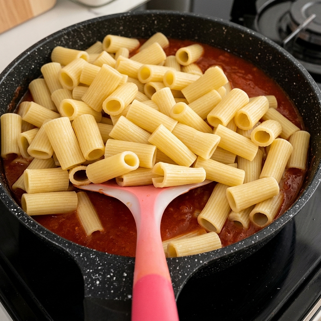 Gekochte Rigatoni-Nudeln liegen auf der roten Tomatensoße in einer schwarzen Bratpfanne bereit zum Wenden.