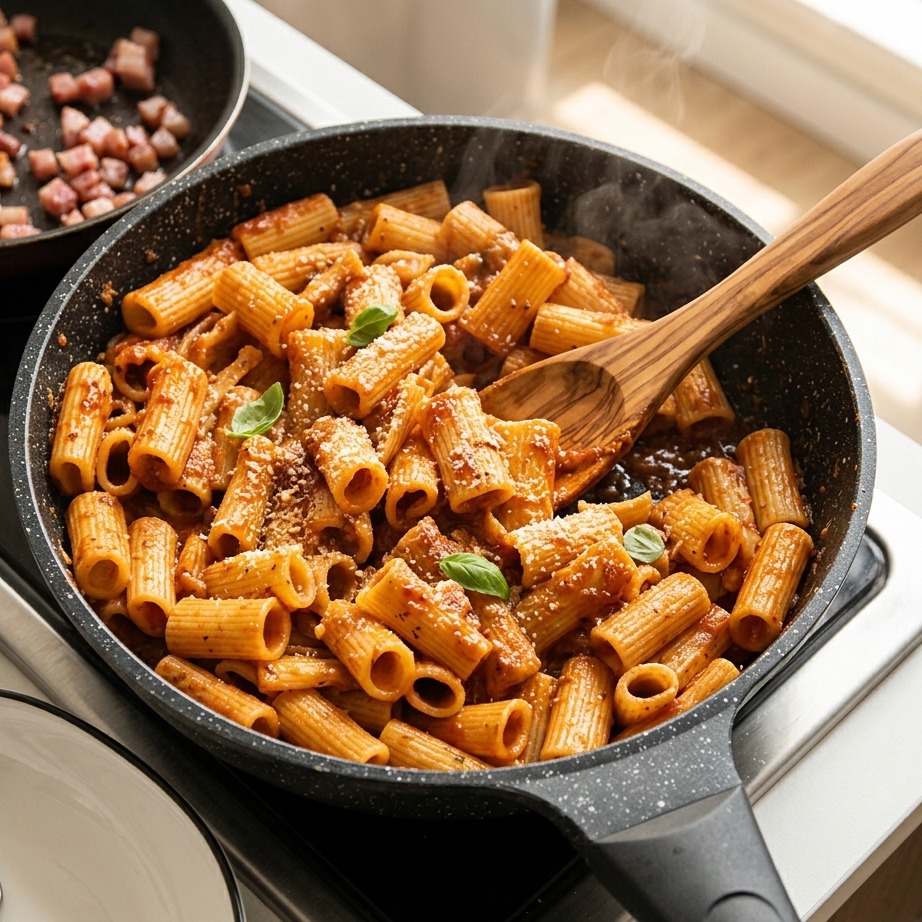 Ein Holzlöffel rührt Rigatoni-Pasta in einer dicken roten Tomatensoße in einer schwarzen Pfanne um, während Dampf aufsteigt.