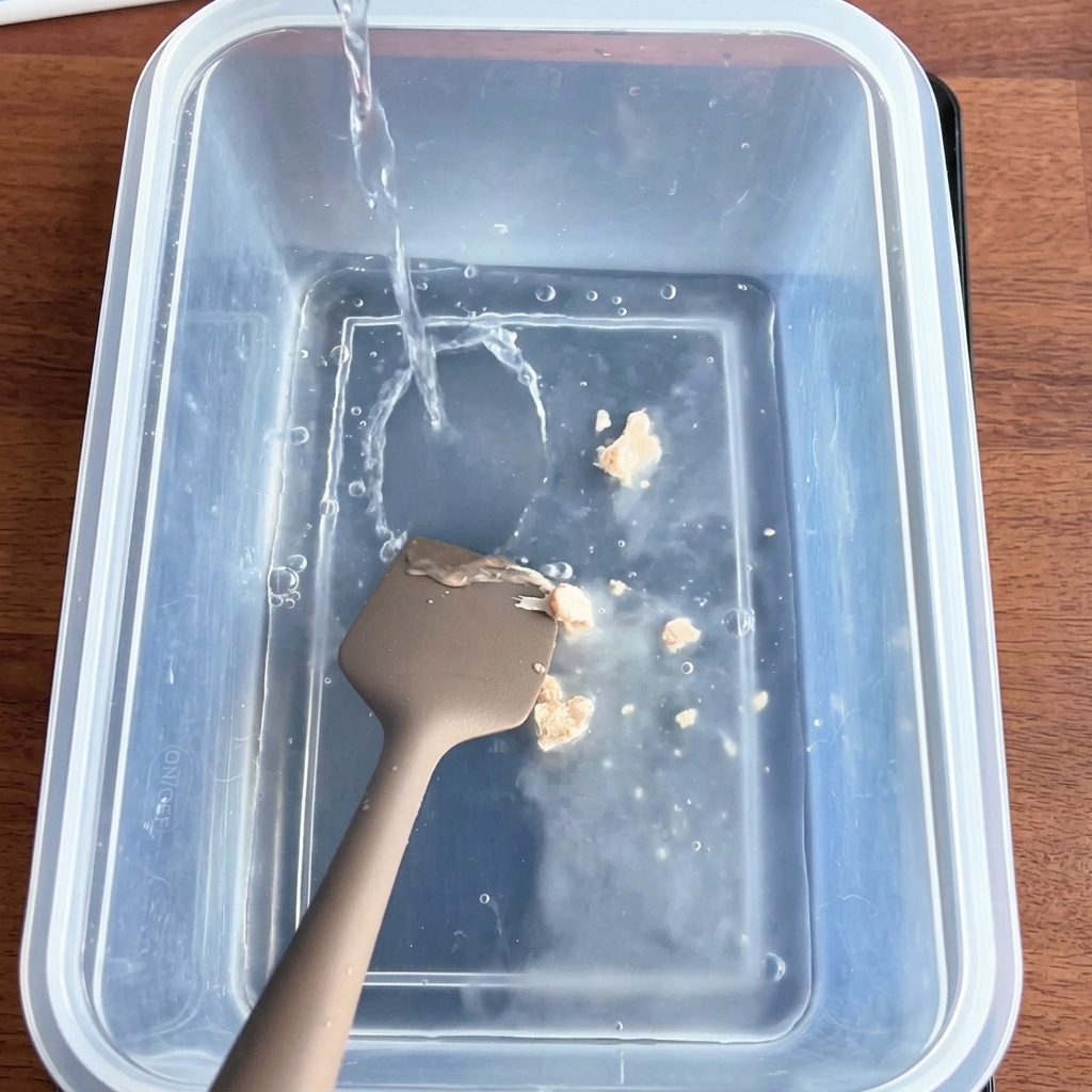 In einem Kunststoffbehälter wird Wasser auf Mehl und Hefe gegossen und mit einem braunen Spatel zu einem klumpigen, ungleichmäßigen Teig verrührt.