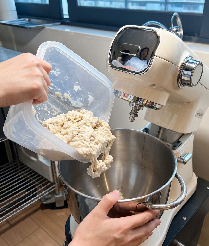 Eine Person gibt den fermentierten, stückigen Biga-Teig aus einem Kunststoffbehälter in die Edelstahlschüssel einer cremefarbenen Küchenmaschine.