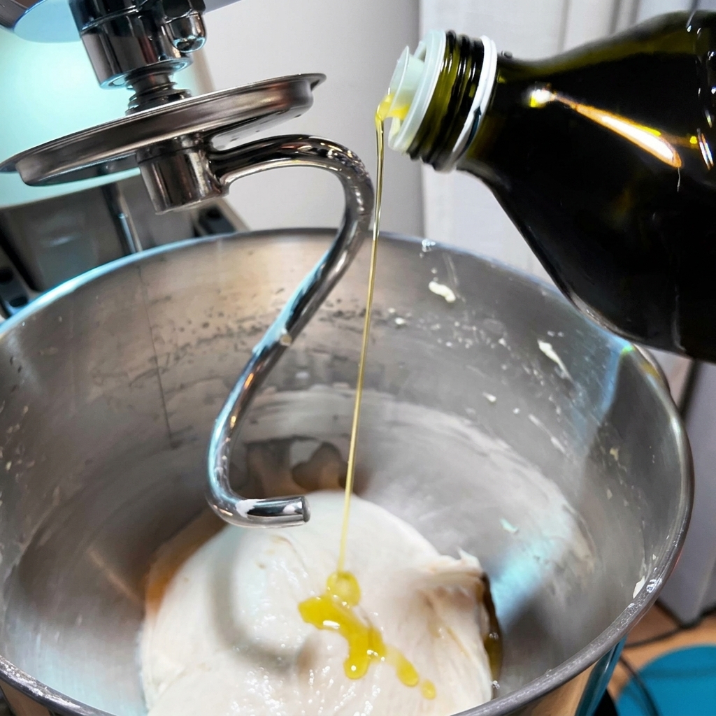 Ein Strahl goldenes Olivenöl wird aus einer dunklen Glasflasche auf eine glatte, weiße Teigkugel in einer Rührschüssel gegossen.