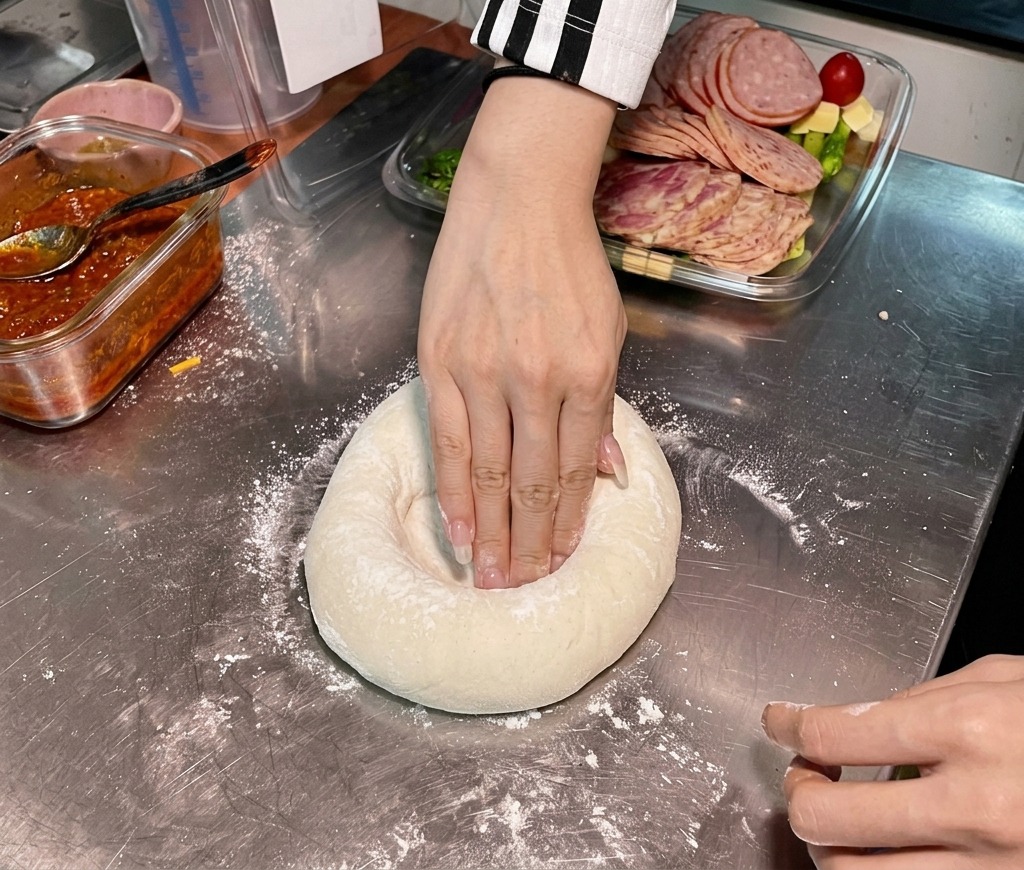 Eine Person drückt mit den Fingerspitzen in die Mitte einer runden, bemehlten Pizzateigkugel auf einer Edelstahl-Arbeitsplatte.