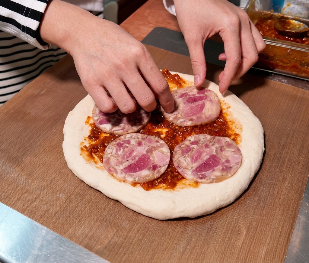 Hände legen runde Scheiben von Schinken oder Salami auf den mit Hackfleischsauce bestrichenen Pizzaboden.
