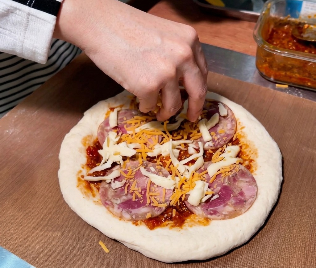 Eine Mischung aus orangefarbenem und weißem geriebenem Käse wird über die Fleischscheiben auf einer rohen Pizza gestreut.