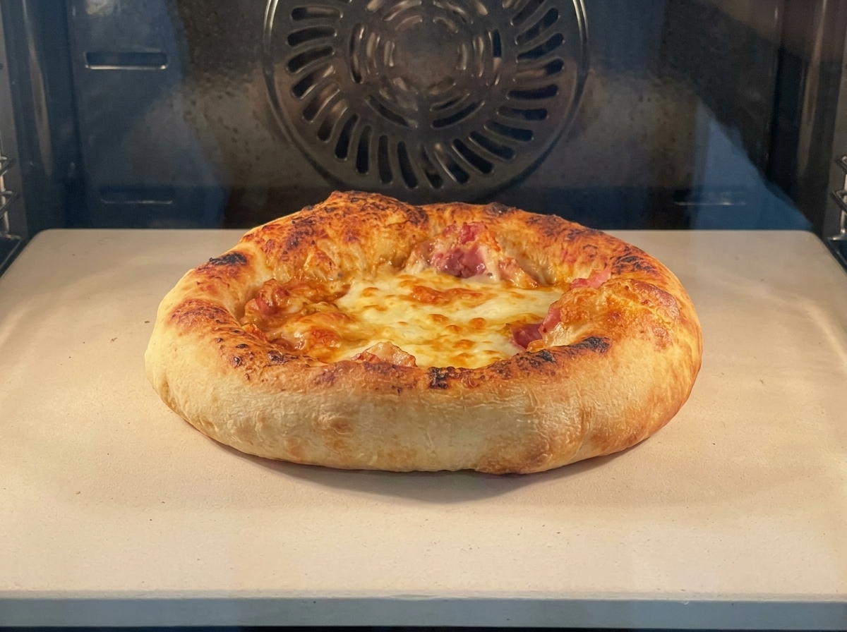 Eine Nahaufnahme einer Pizza, die im Ofen auf einem Pizzastein backt. Zu sehen ist ein dicker, luftiger Rand mit goldbraunen Flecken und blubbernder, geschmolzener Käse.