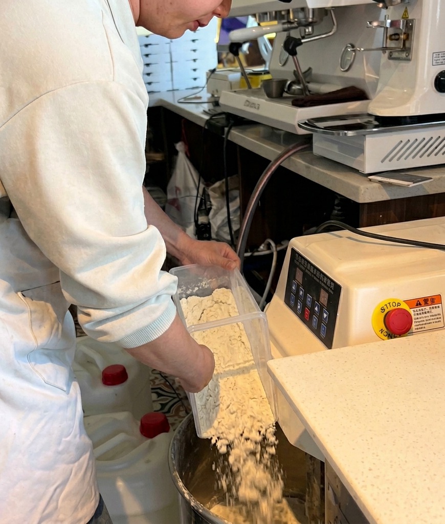 Eine Person gießt weißes Mehl aus einem durchsichtigen Behälter in die große Edelstahlschüssel einer Teigknetmaschine.