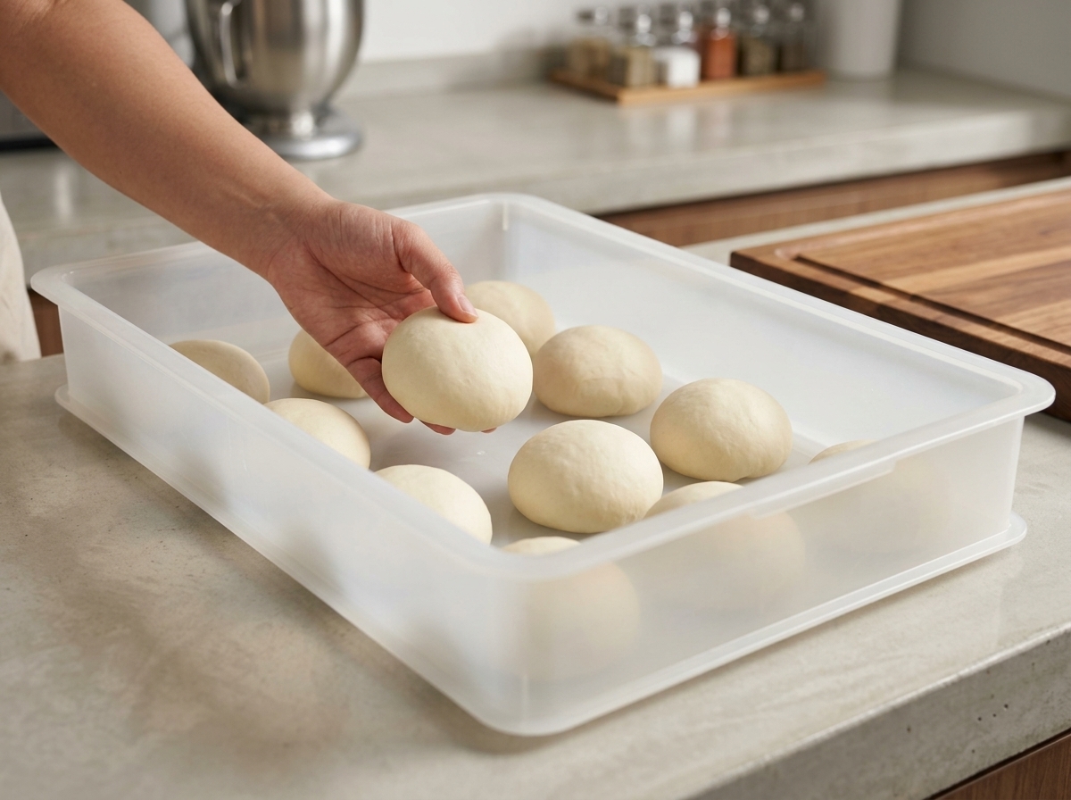 Eine Hand legt eine glatte, runde Pizzateigkugel in eine weiße Gärbox aus Kunststoff, die bereits mehrere identische Teigkugeln enthält.