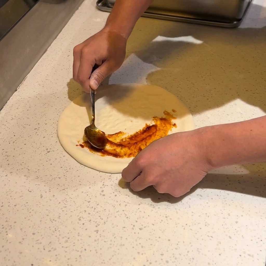Eine Person verteilt mit einem Metalllöffel rote Tomatensauce in kreisenden Bewegungen auf einer flachen Pizzateigscheibe auf einer weißen Arbeitsfläche.