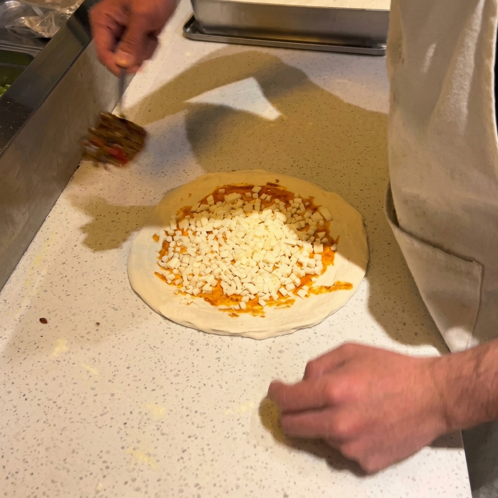 Ein roher Pizzaboden, belegt mit roter Sauce und gewürfeltem weißem Käse, während eine Person mit einem kleinen Spatel weitere Zutaten hinzufügt.