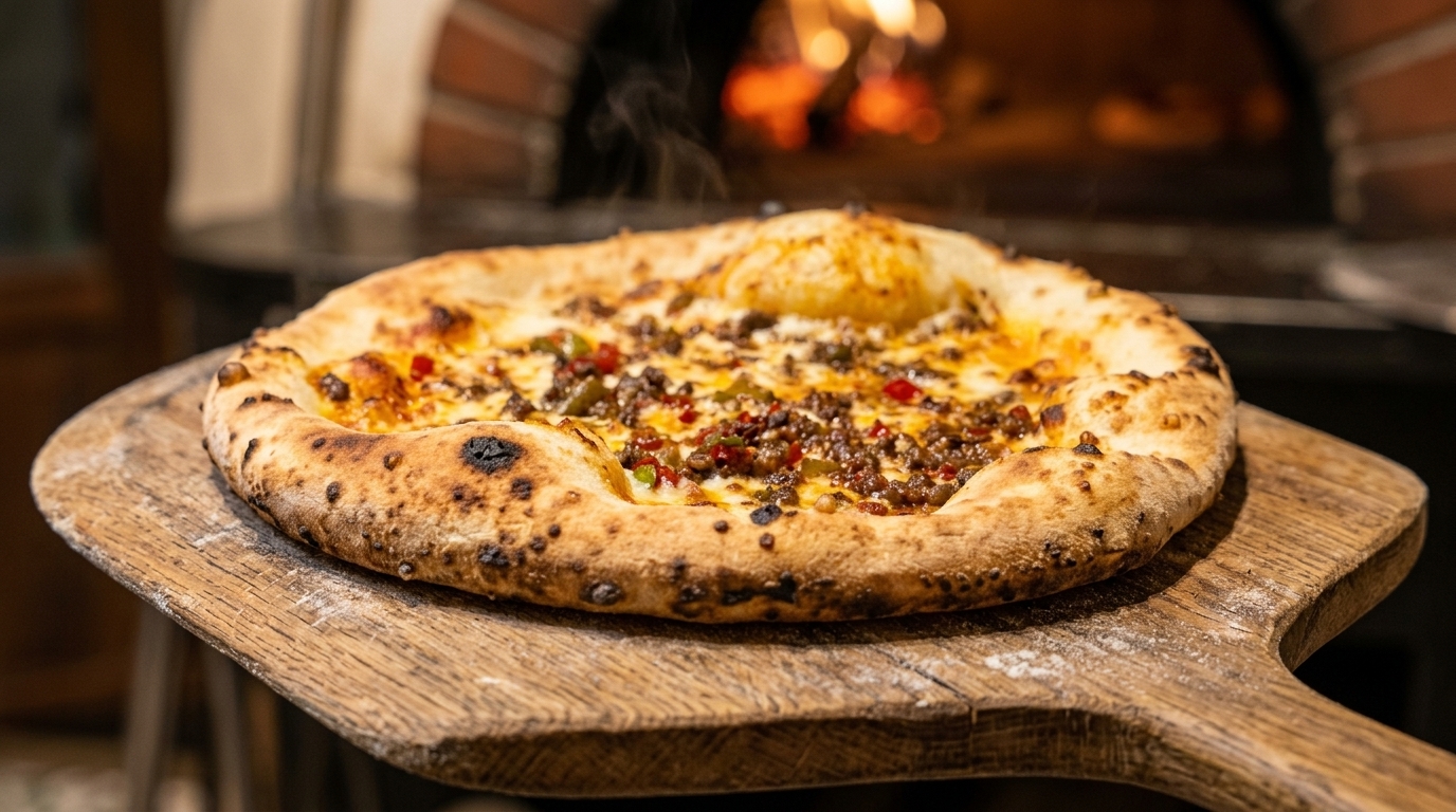 Neapolitanische Pizza mit herzhaftem Fleischbelag (Direkte Teigmethode)