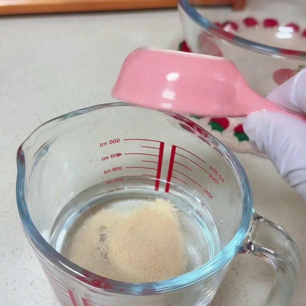 Eine Person rührt mit einem rosafarbenen Plastiklöffel Trockenhefe in einen Messbecher mit Wasser.