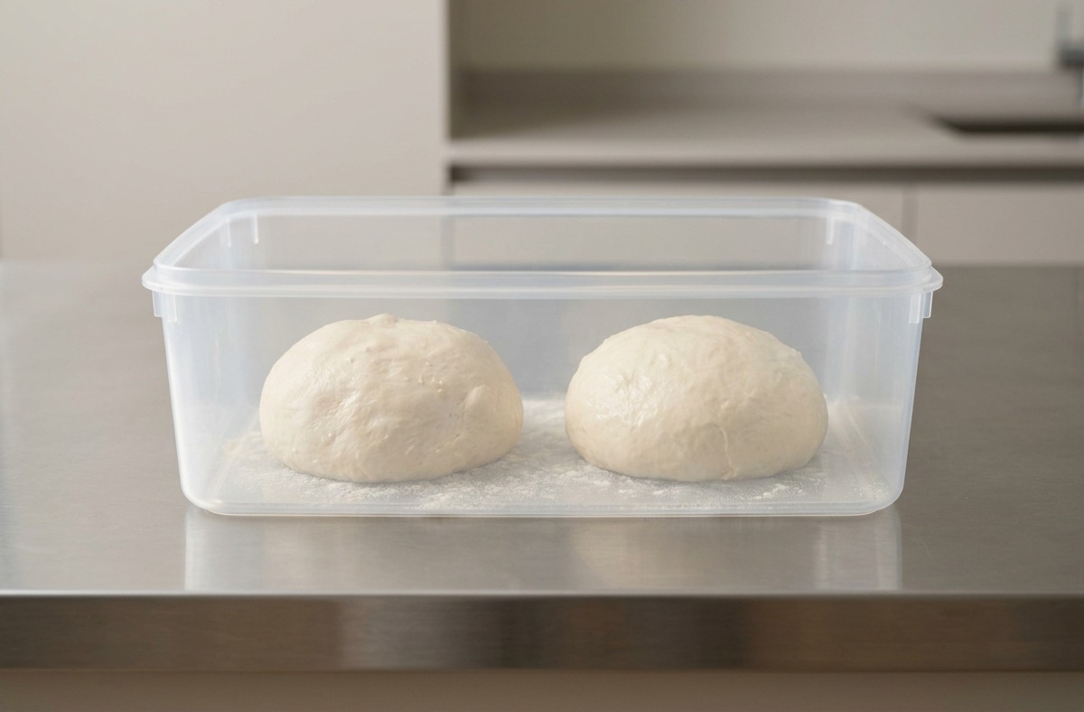 Zwei glatte, weiße Teiglinge ruhen in einer großen, klaren Pizzabox aus Kunststoff auf einer Arbeitsplatte.