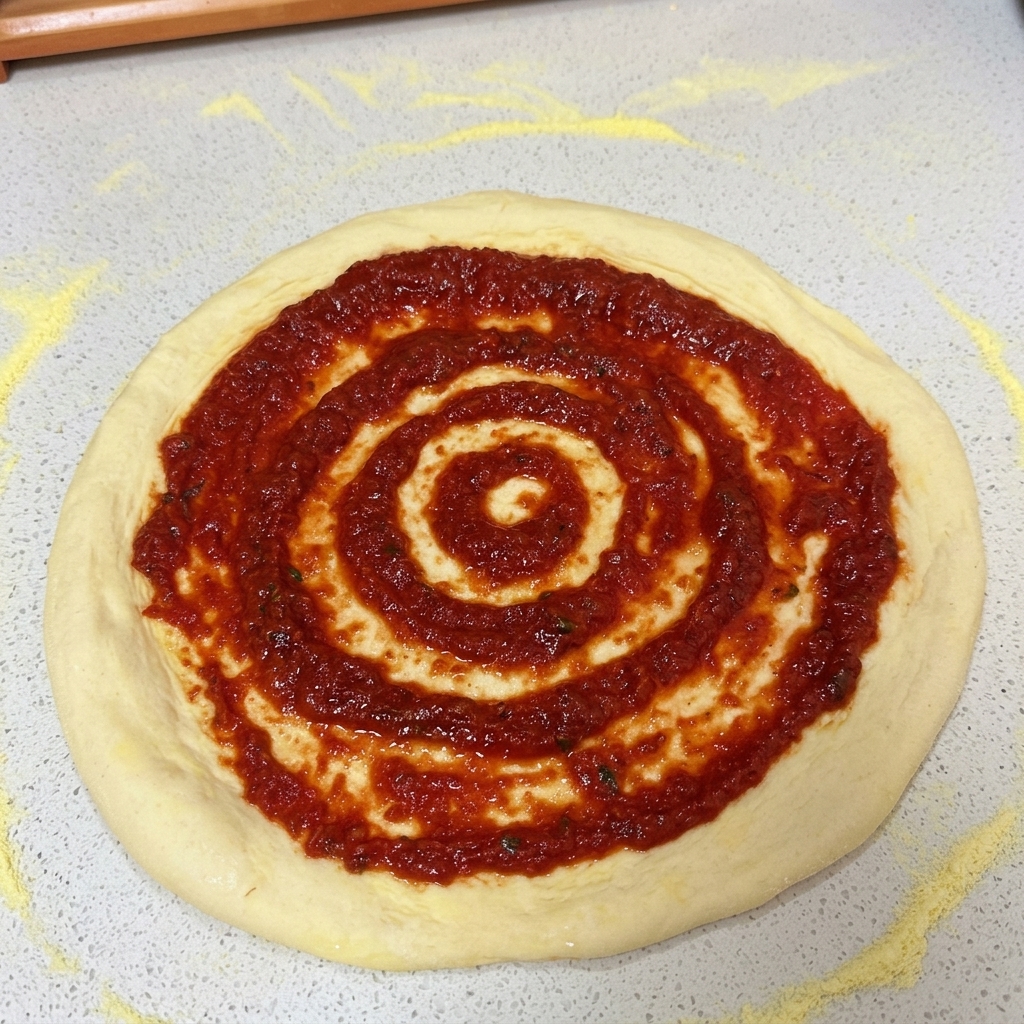 Ein runder Pizzateig auf einer Arbeitsplatte, bedeckt mit einer Schicht roter Tomatensauce, die in konzentrischen Kreisen verteilt ist.