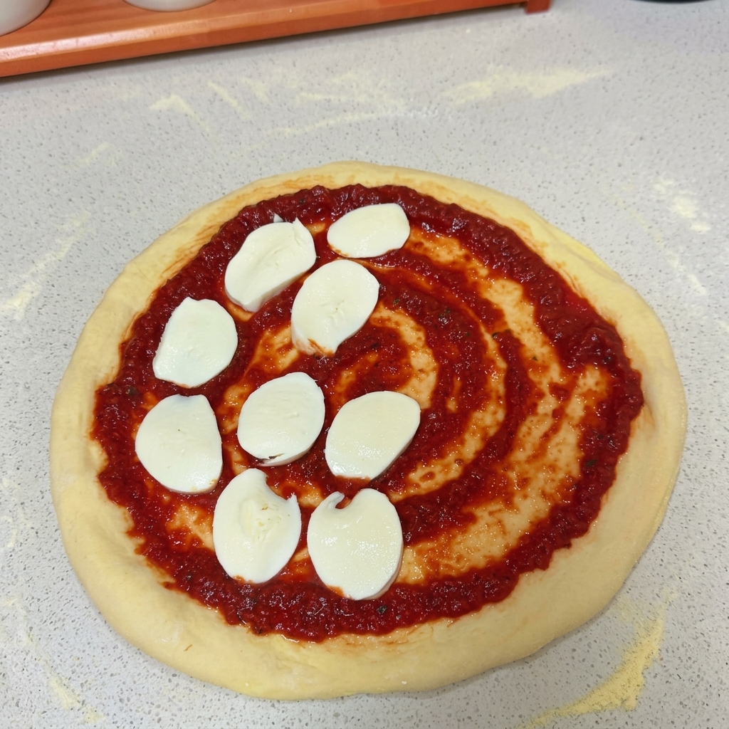 Frische weiße Mozzarellascheiben liegen auf einem mit Tomatensauce bedeckten Pizzateig.