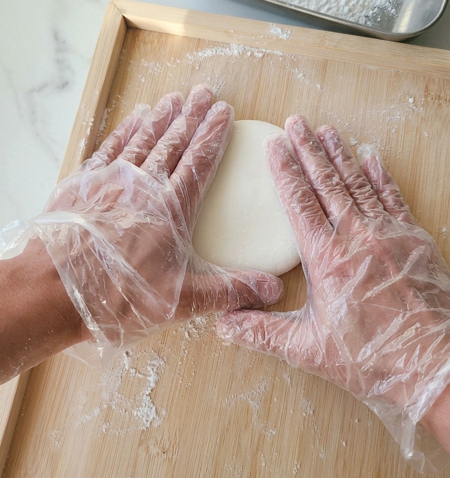 Zwei Hände mit transparenten Handschuhen drücken mittig auf eine weiße Pizzateigkugel auf einem Holzbrett.